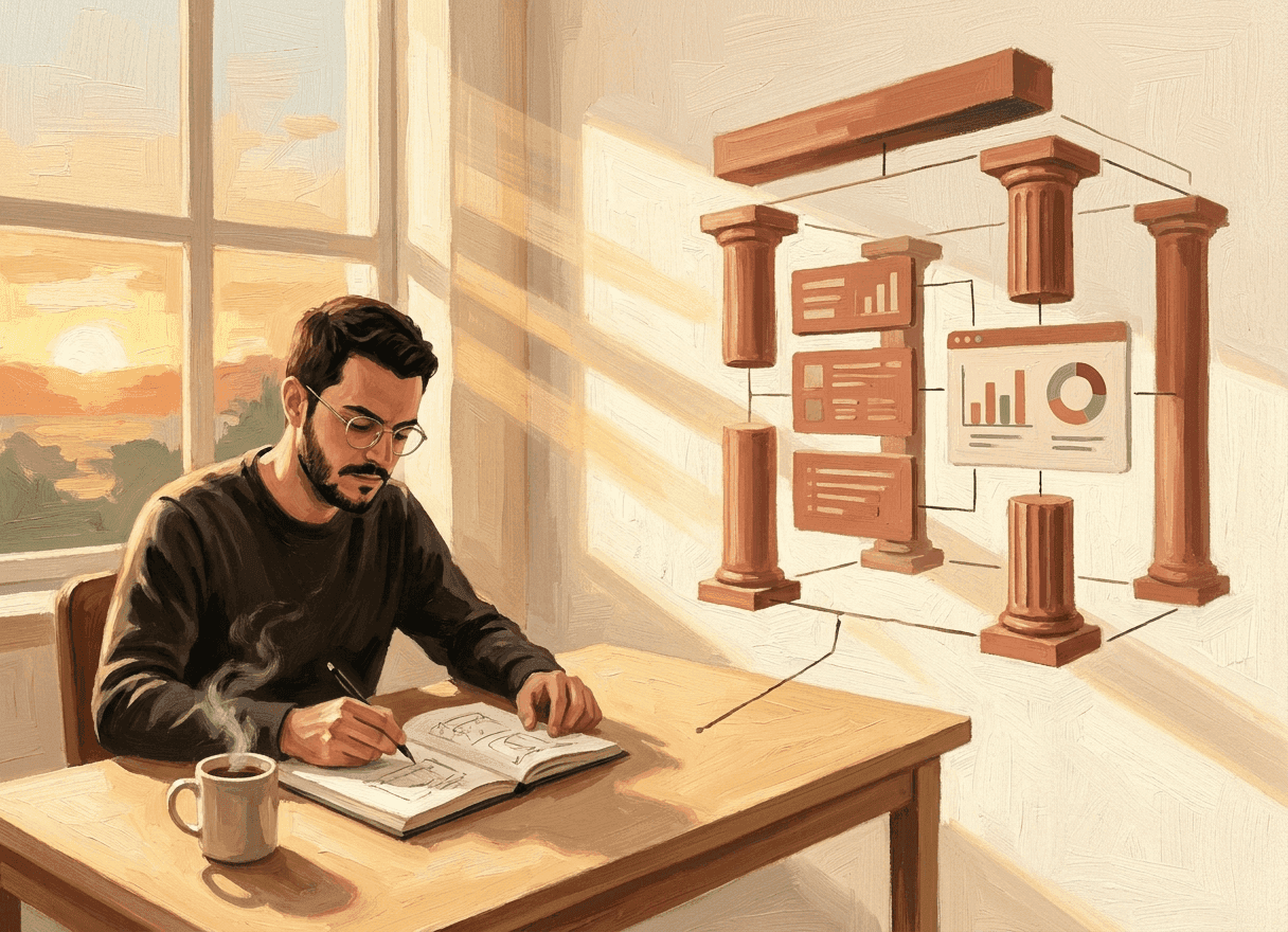 Pintura a óleo: Leo em manhã de luz dourada montando os fundamentos do workspace — blocos arquitetônicos terracota se montando no ar