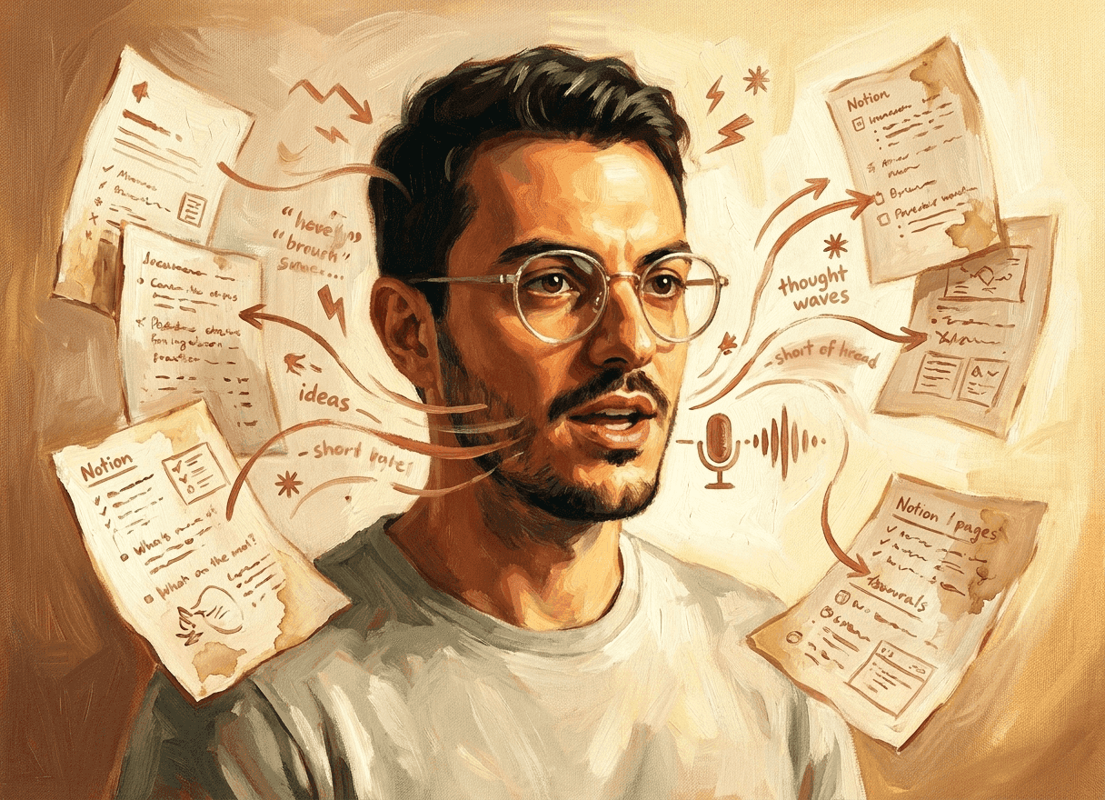 Pintura a óleo: Leo falando, pensamentos voando como cards de Notion pintados, luz dourada do meio-dia