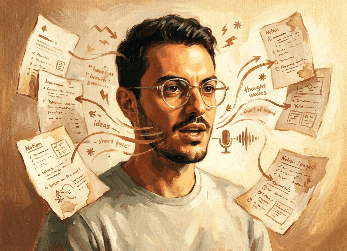 Pintura a óleo: Leo falando, pensamentos voando como cards de Notion pintados, luz dourada do meio-dia