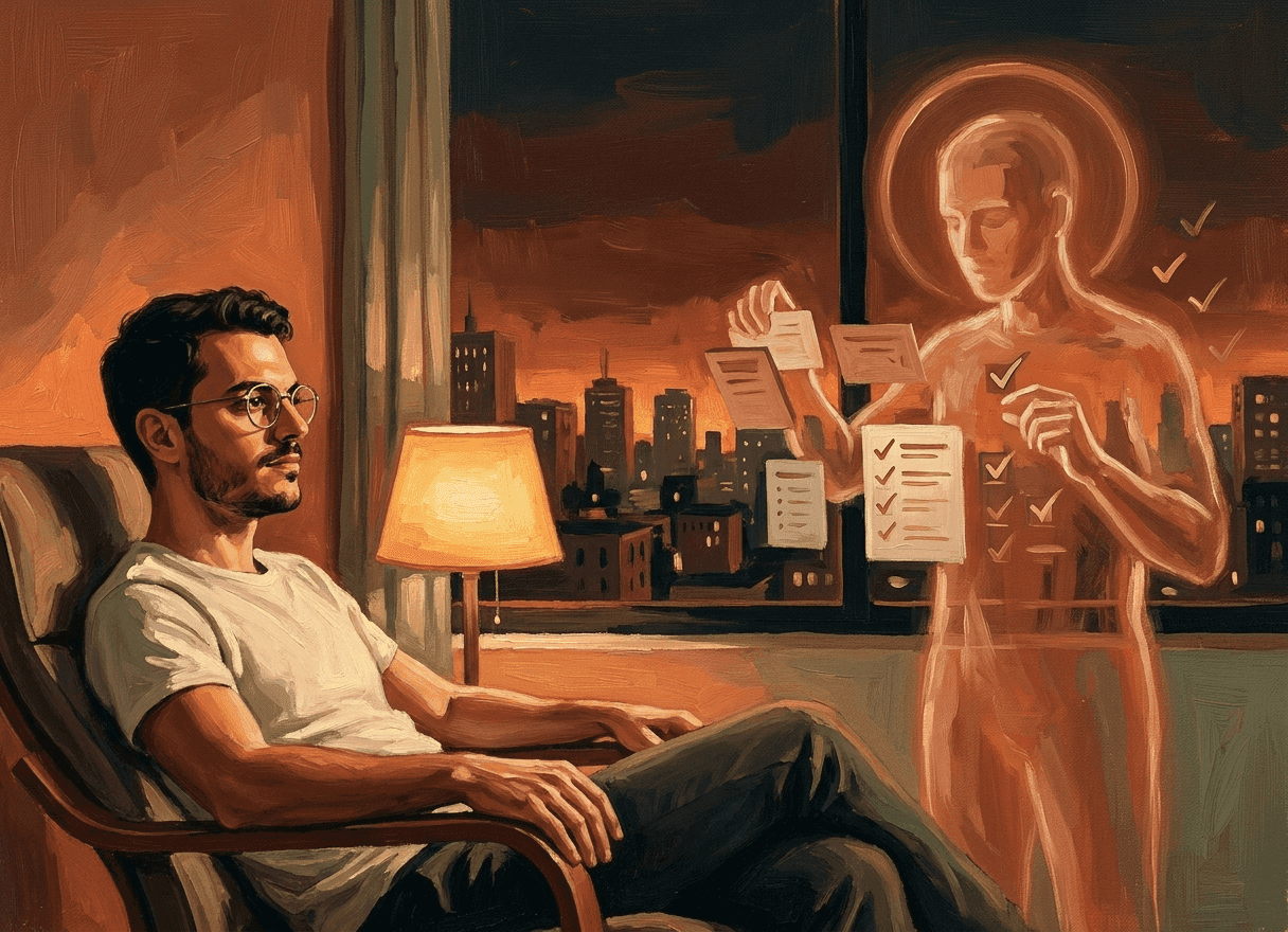 Pintura a óleo: Leo recostado no entardecer observando seu primeiro agente trabalhar — figura translúcida terracota executando tarefas