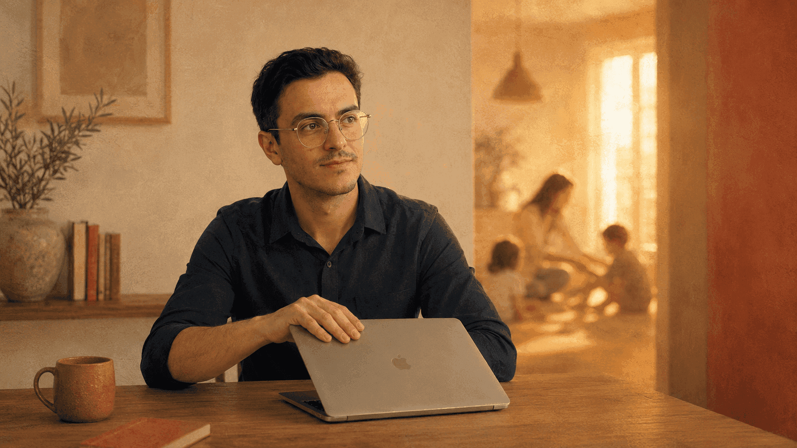 Homem fechando o laptop com sorriso tranquilo, ao fundo a família em sala de estar banhada por luz dourada de fim de tarde, autopreservação escolhida