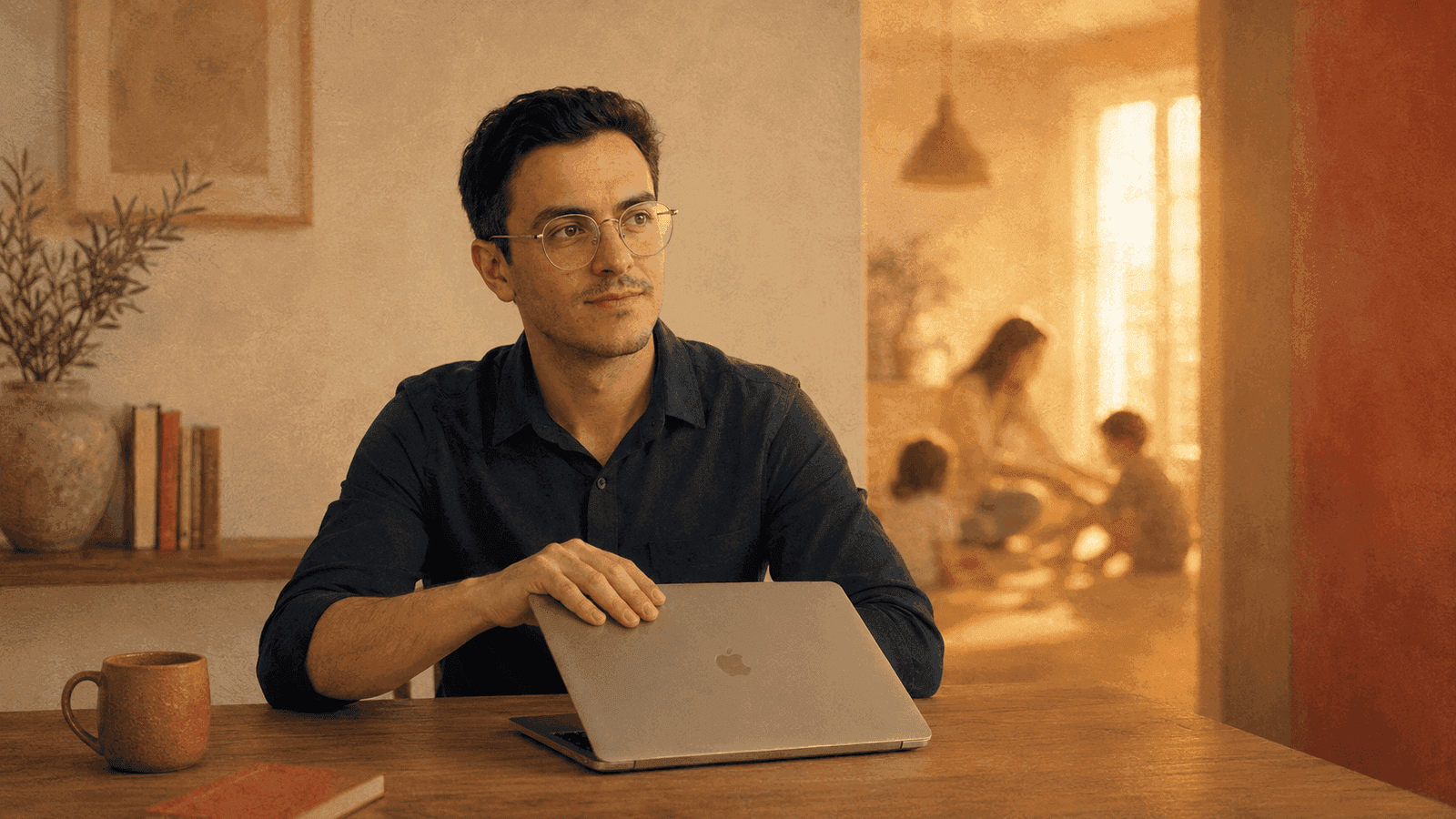 Homem fechando o laptop com sorriso tranquilo, ao fundo a família em sala de estar banhada por luz dourada de fim de tarde, autopreservação escolhida