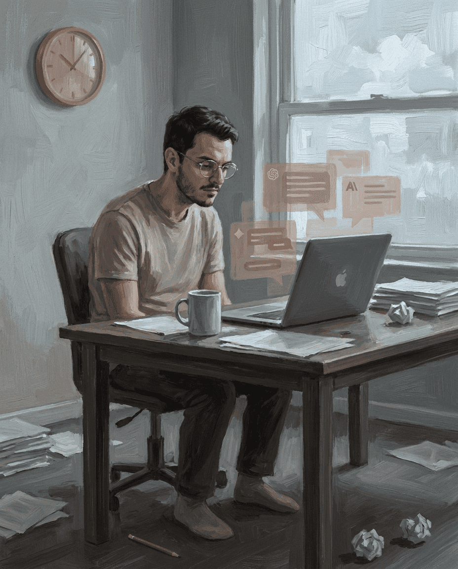 Pintura a óleo: Léo cansado em frente ao laptop, luz fria-acinzentada, cena de monotonia