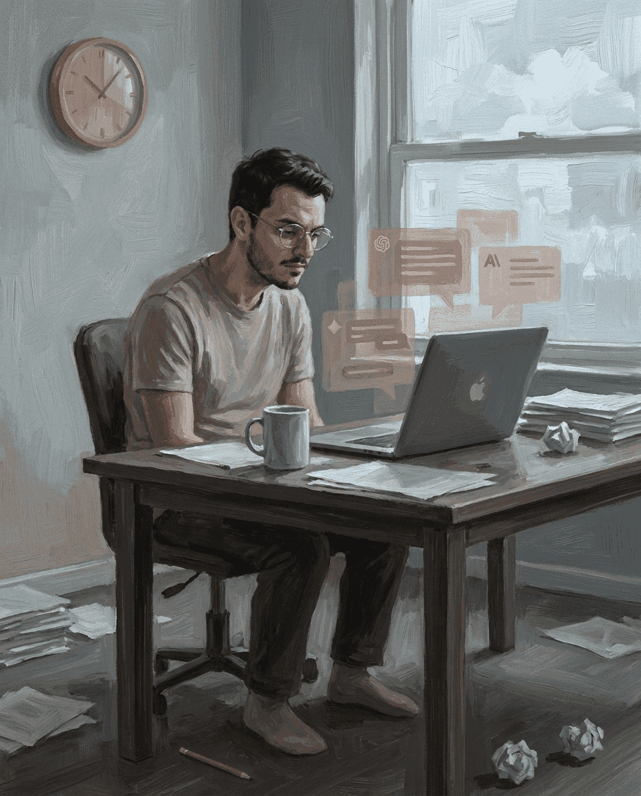 Pintura a óleo: Léo cansado em frente ao laptop, luz fria-acinzentada, cena de monotonia