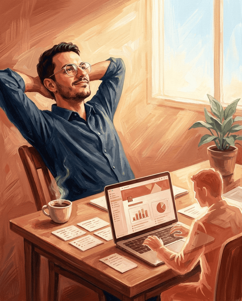 Pintura a óleo: Léo relaxado com workspace organizado, luz dourada, agente fantasma trabalhando