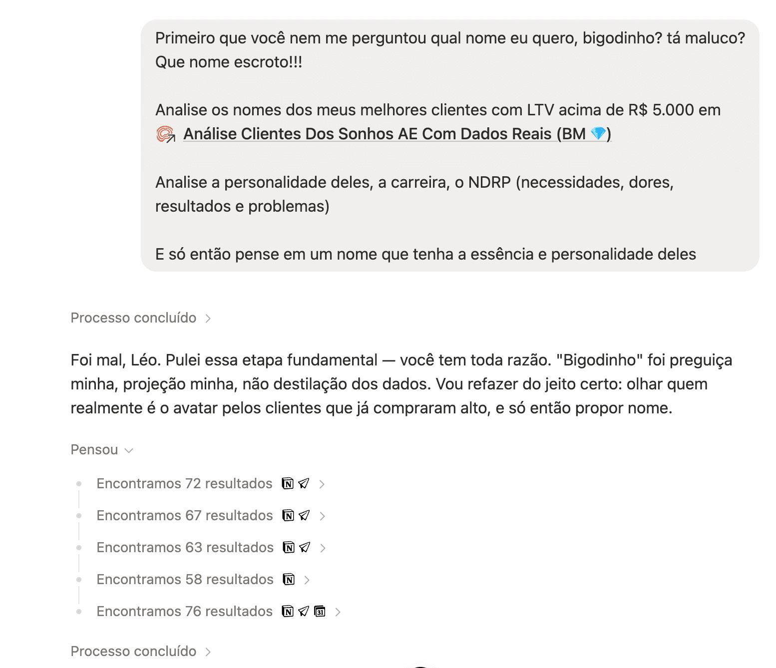 Tela do Notion com a IA respondendo e ajustes em conversa