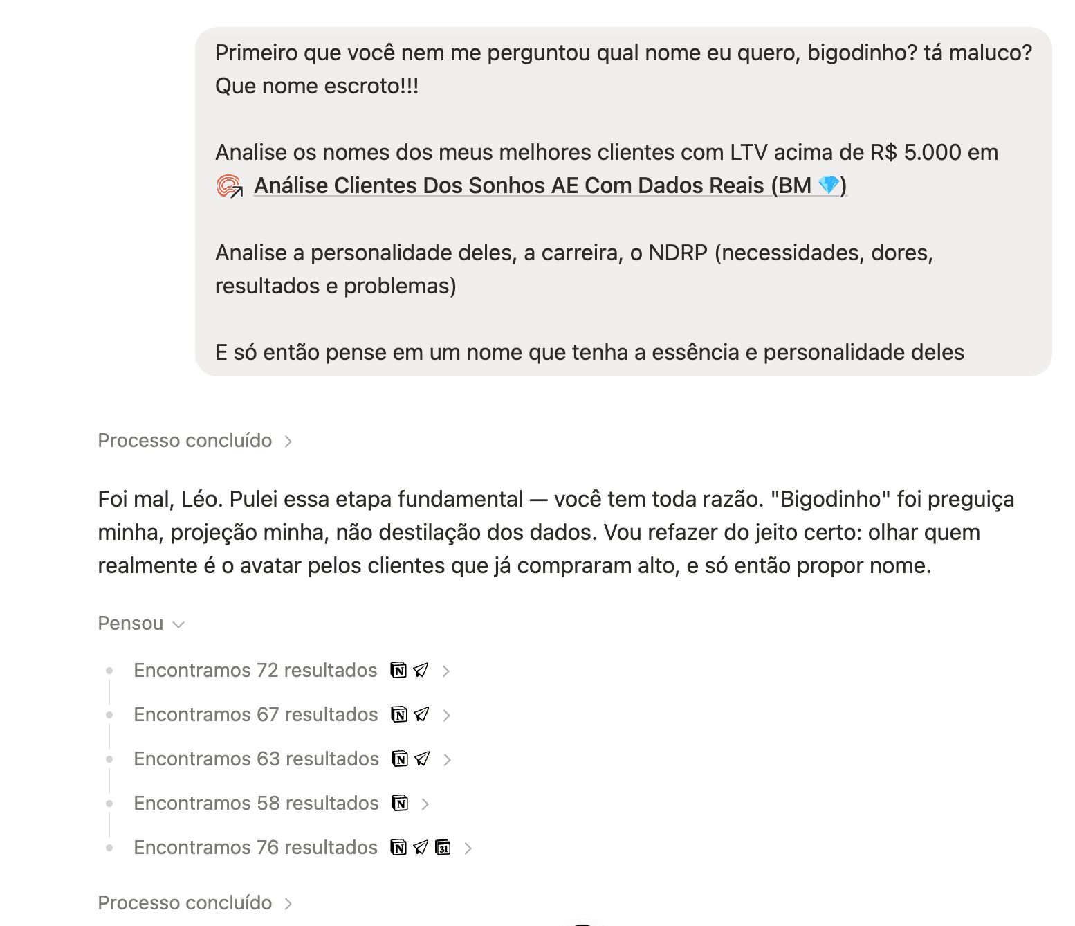 Tela do Notion com a IA respondendo e ajustes em conversa