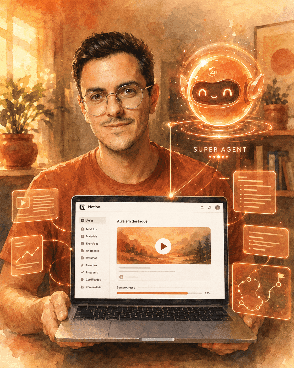 Léo segurando o MacBook aberto mostrando o Notion Start, com hologramas terracota representando aulas, jornada e Super Agent flutuando ao lado