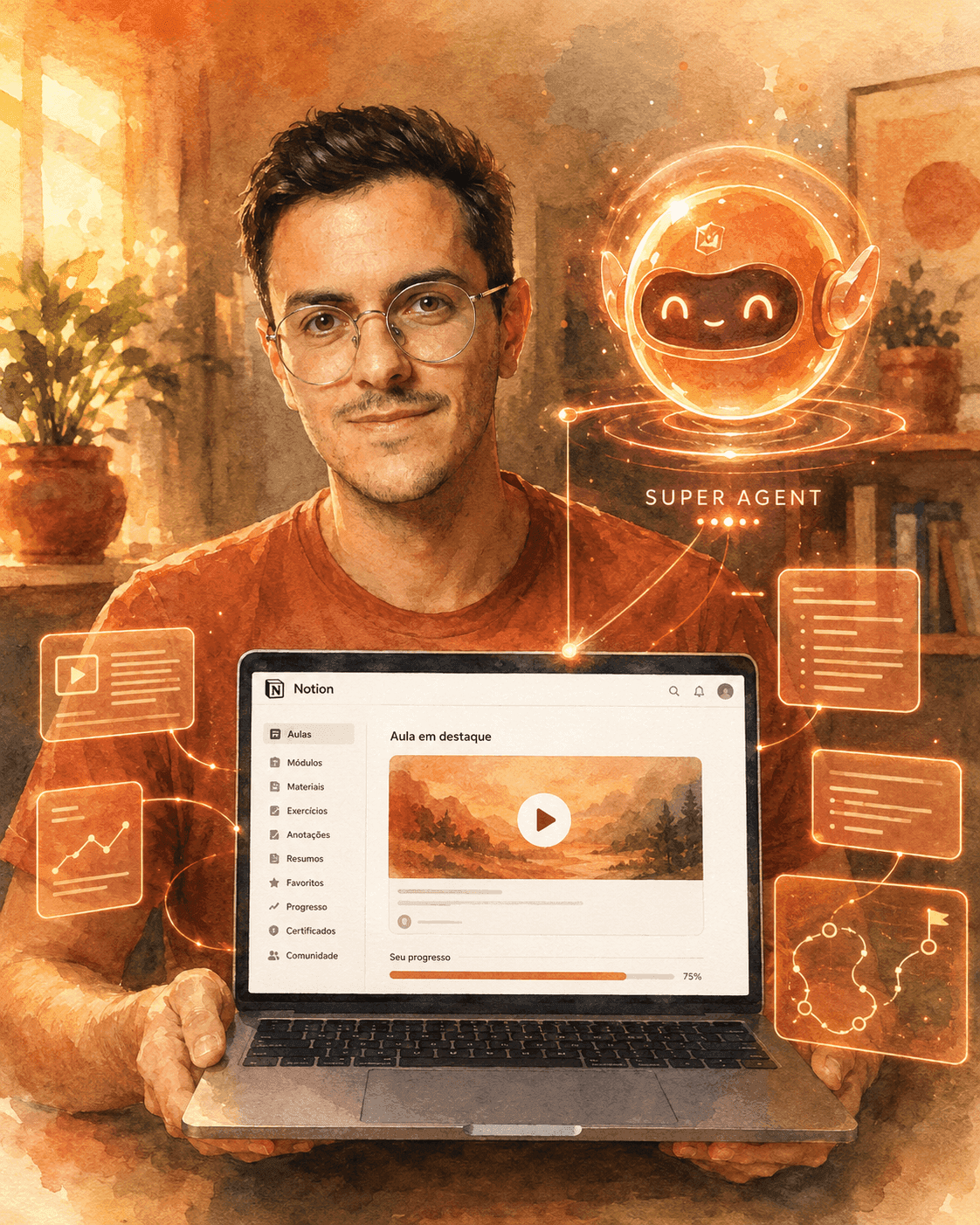 Léo segurando o MacBook aberto mostrando o Notion Start, com hologramas terracota representando aulas, jornada e Super Agent flutuando ao lado