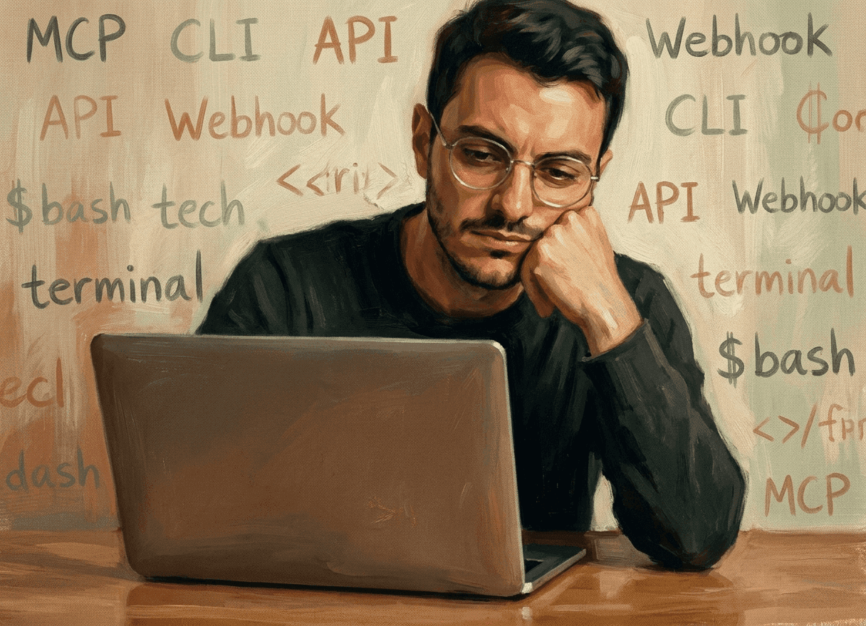 Leonardo trabalhando no laptop cercado por jargões técnicos flutuantes