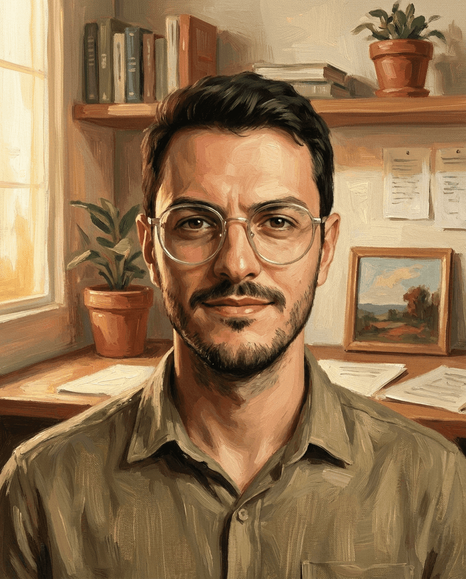 Retrato pintado a óleo de Leonardo Oliveira, fundador da Allma Educação e pioneiro do Notion no Brasil