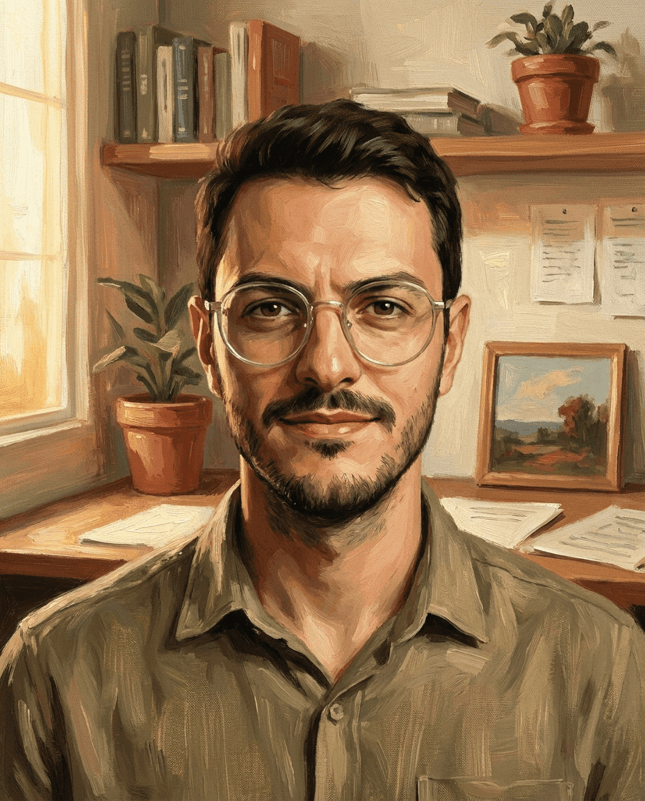 Retrato pintado a óleo de Leonardo Oliveira, fundador da Allma Educação e pioneiro do Notion no Brasil
