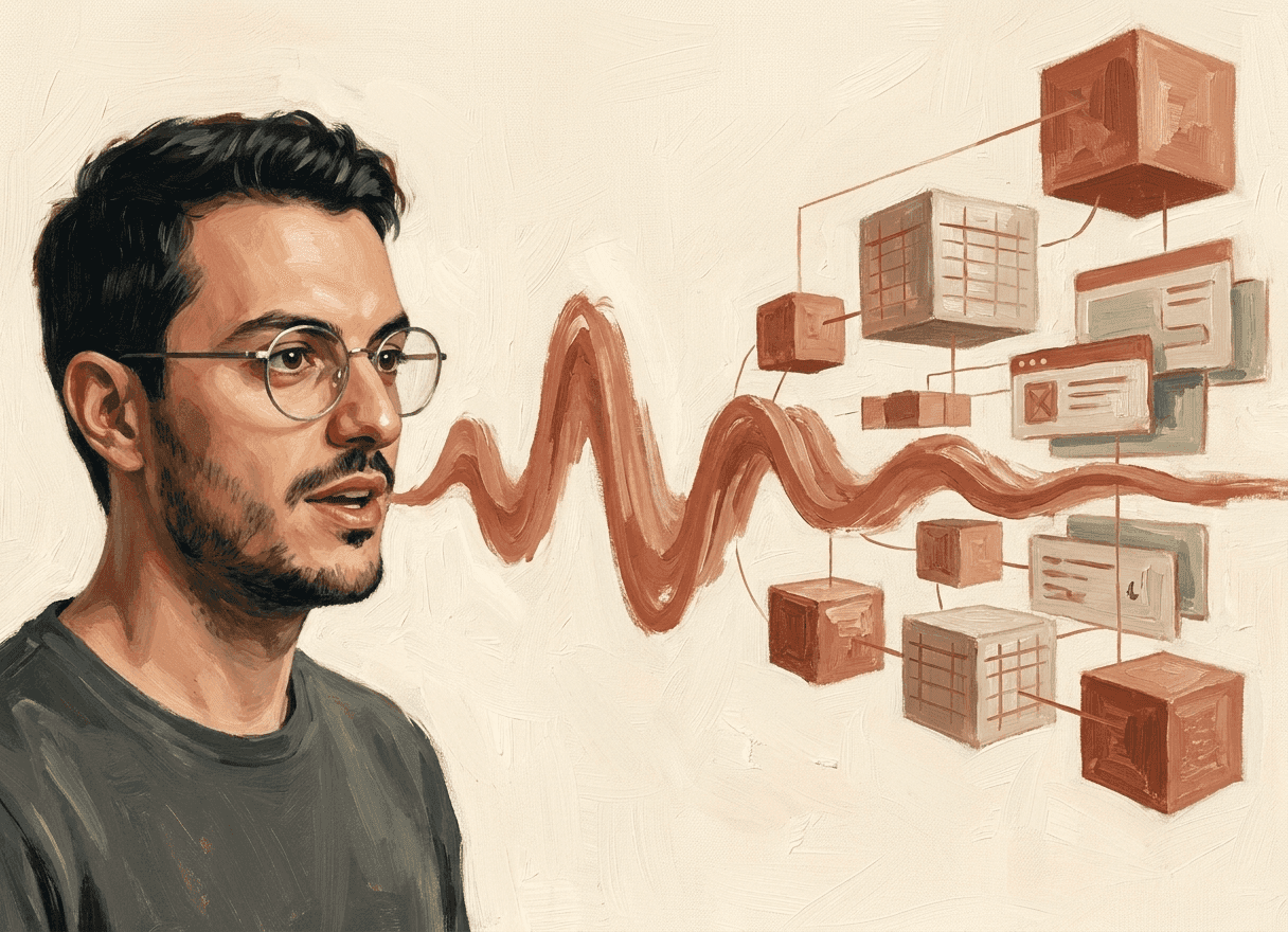 Voz que constrói — onda sonora pintada virando blocos arquitetônicos