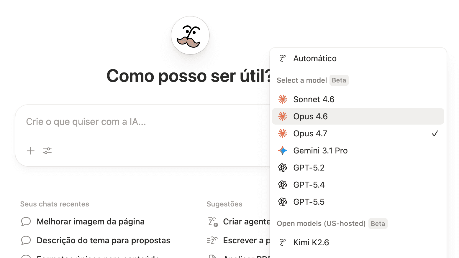 Seletor de modelos no Notion mostrando Sonnet 4.6, Opus 4.6, Opus 4.7, Gemini 3.1 Pro, GPT-5.2, GPT-5.4, GPT-5.5 e Kimi K2.6 disponíveis no mesmo chat